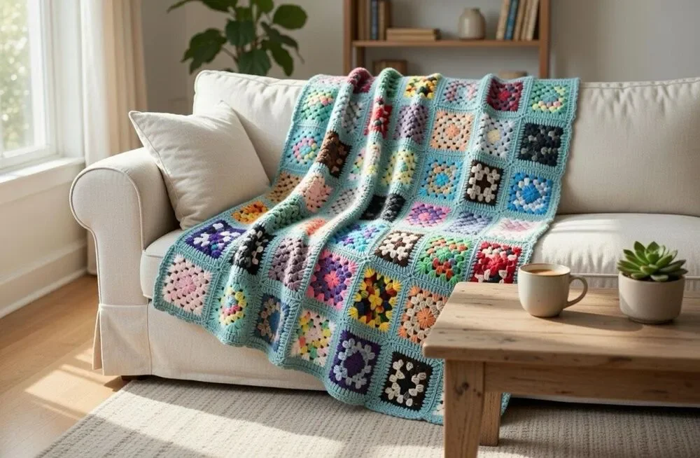 Vtg Afghan Grannycore pre Square Multicolored Handmade “41 x 41” Teal Blue/Green
